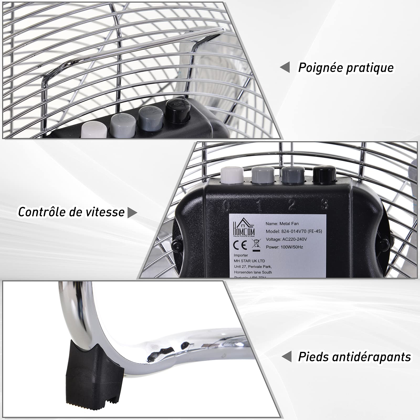 HOMCOM Ventilateur de Sol Ø51 cm Ventilateur Industriel sur pied 100 W avec 3 vitesses et inclinaison réglable à 120° en Métal pour chambre bureau Argenté