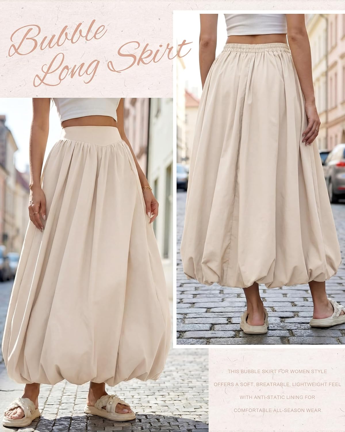 Women's Bubble Maxi Skirt Elastic Waist Puffy Hem A-line Long Skirt Pleated Flowy Balloon Long Skirts with Pockets
