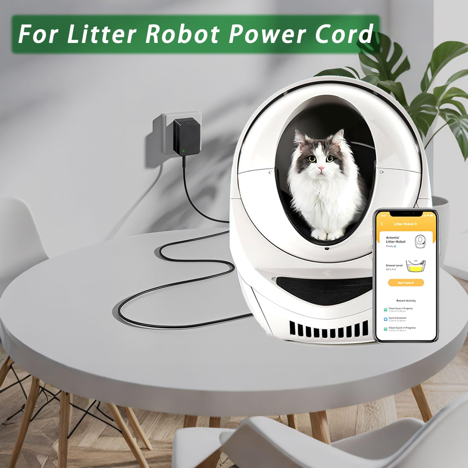 Adattatore di alimentazione 15 V 1 A, compatibile con lettiera Robot2 3 4 Open Air autopulente per gatti, alimentatore per robot lettiera, cavo di alimentazione per robot lettiera, cavo di