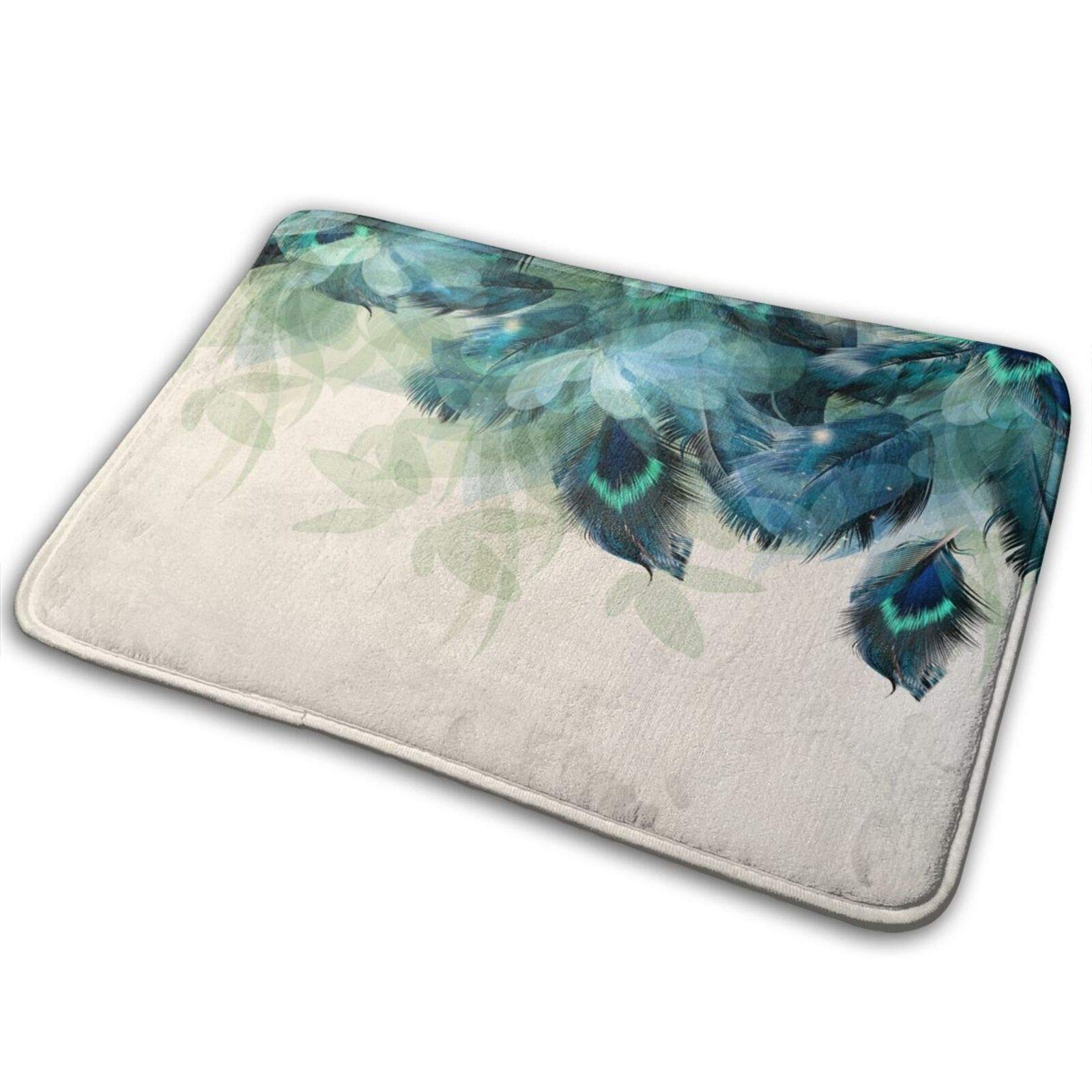 Turquoise Bird Peacock Feather Peafowl Tail Watercolor Teal Bath Mat Non-Slip Absorbent Velvet Bathroom Rug Carpet Rugs for Entrance Indoor Doormat