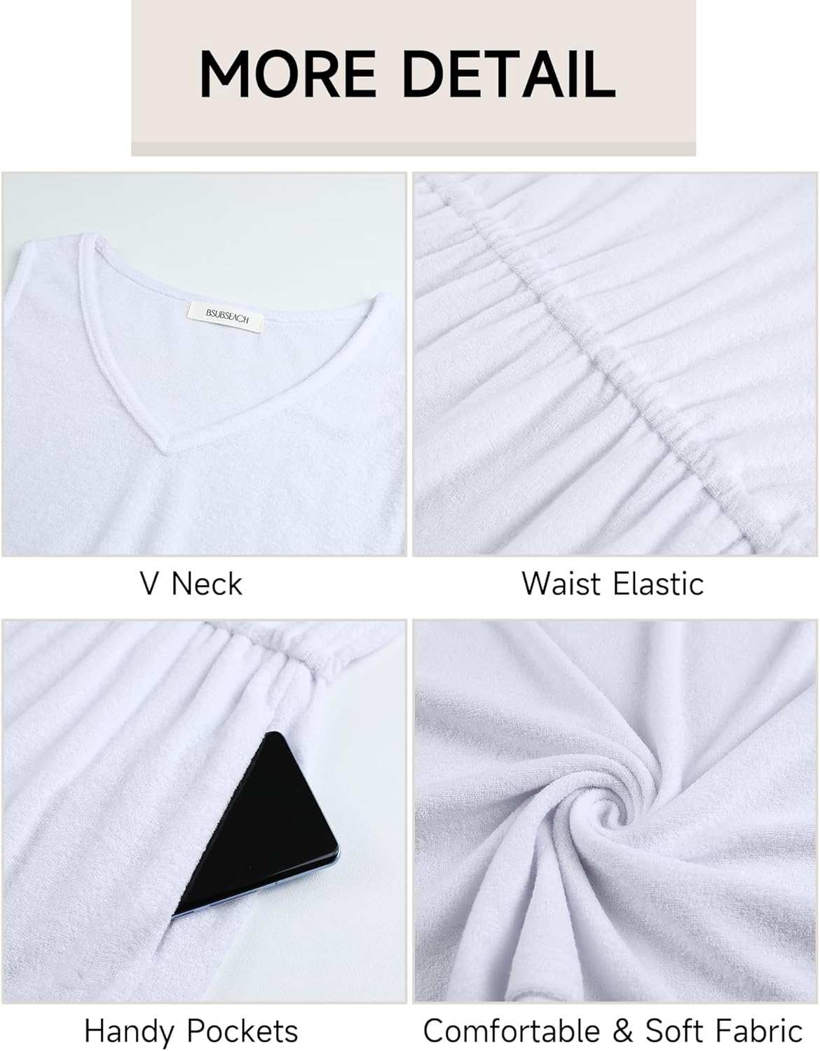 Bsubseach Terry Cloth Swim Coverup - Women Beach Cover Up Dress V Neck Swimsuit Coverups with Pockets - Image 5