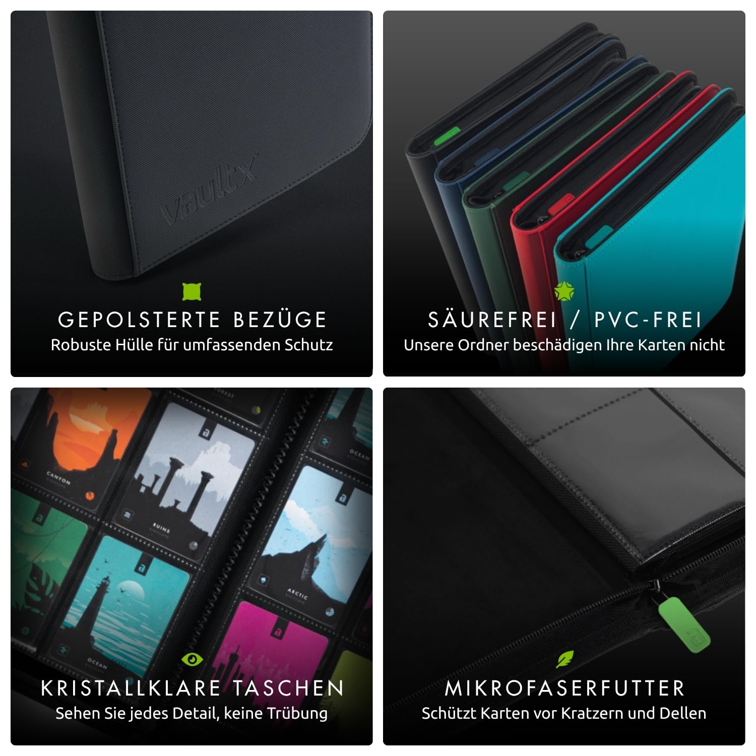 Vault X 12-Taschen-Trading-Kartenordner mit Reißverschluss, 480 Karten, Premium Exo-Tec-Albummaterial, 20 seitlich ladbare Seiten, Sammelordner für Sammelkartenspiele, Sportkarten, TCG (Schwarz)