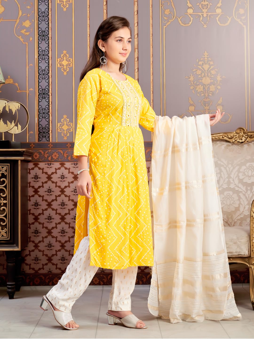 Aarika Girls Ethnic Wear Yellow Colour Bandhani Print Embroidey Rayon Kurti-8-15 Years (Kurti-Tr-242)