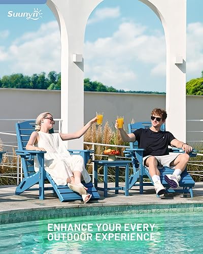 Miniatura 6 de Silla plegable Adirondack con otomana retráctil, resistente a la intemperie, silla de patio con 2 portavasos, silla de césped al aire libre (azul