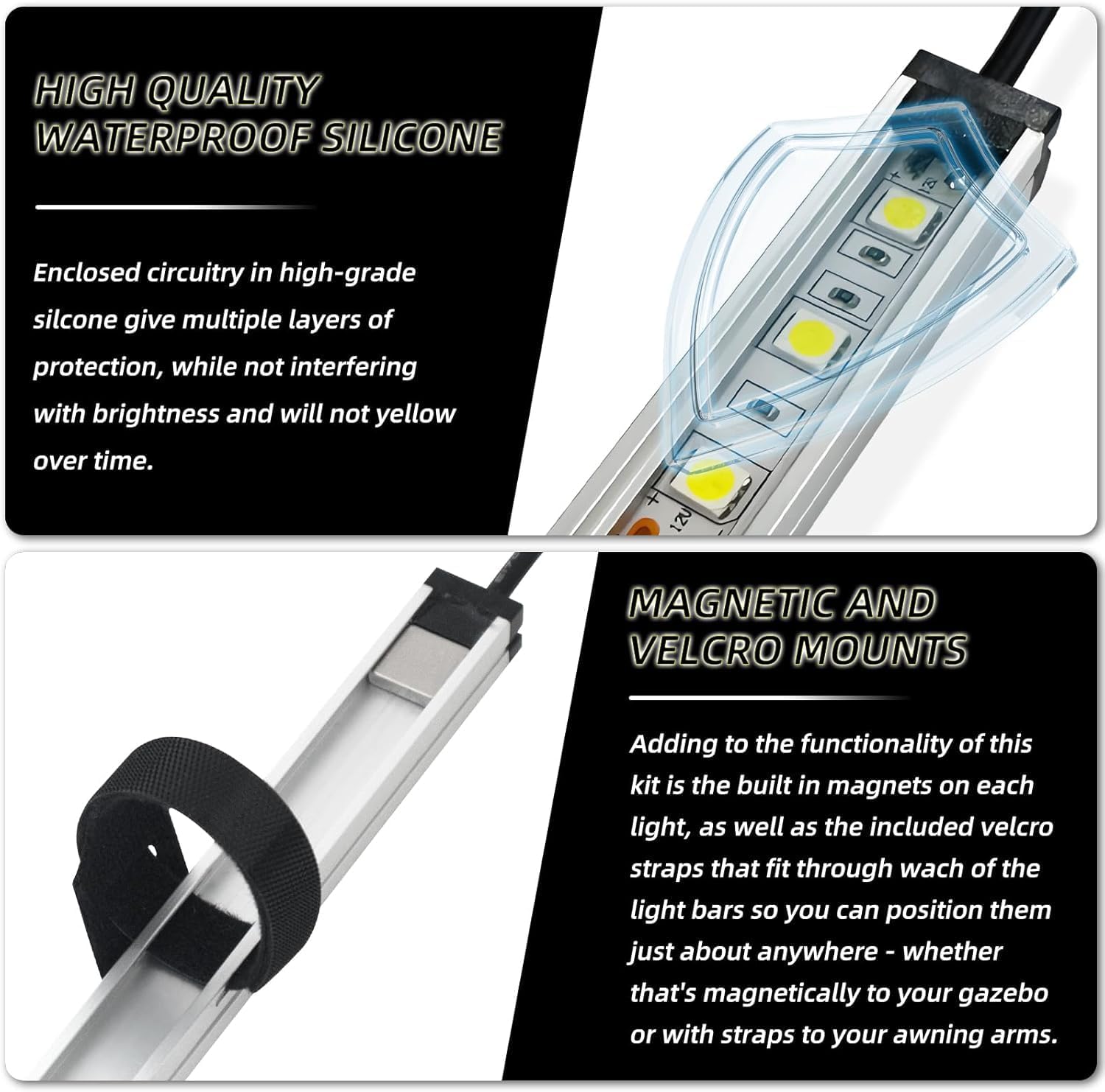 12V LED Exterior Light Bar Kit, Dimmable Camping String Lights Weatherproof IP67, Magnetic Attraction and Velcro Attachment, Portable Lighting for RV,White 3Pcs and Amber 2Pcs