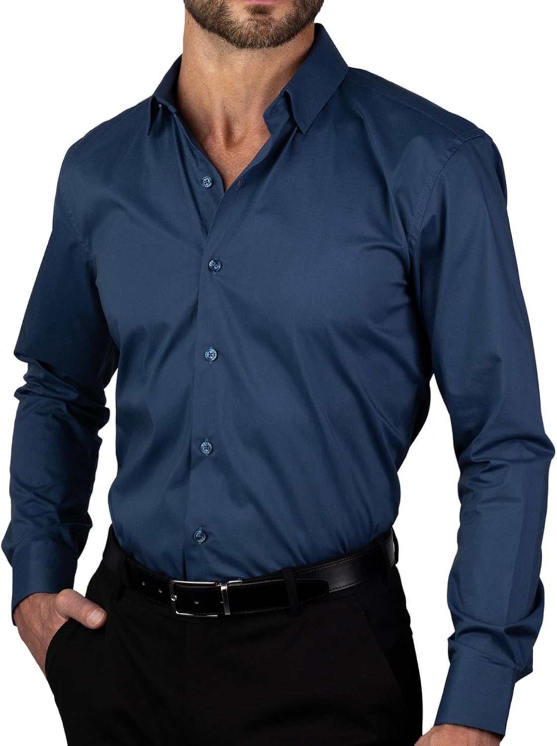 DKNY Men's Slim Fit Dress Shirts Solid Long Sleeve Stretch Wrinkle-Free Formal Shirt Business Casual Button Up Shirts - Image 2