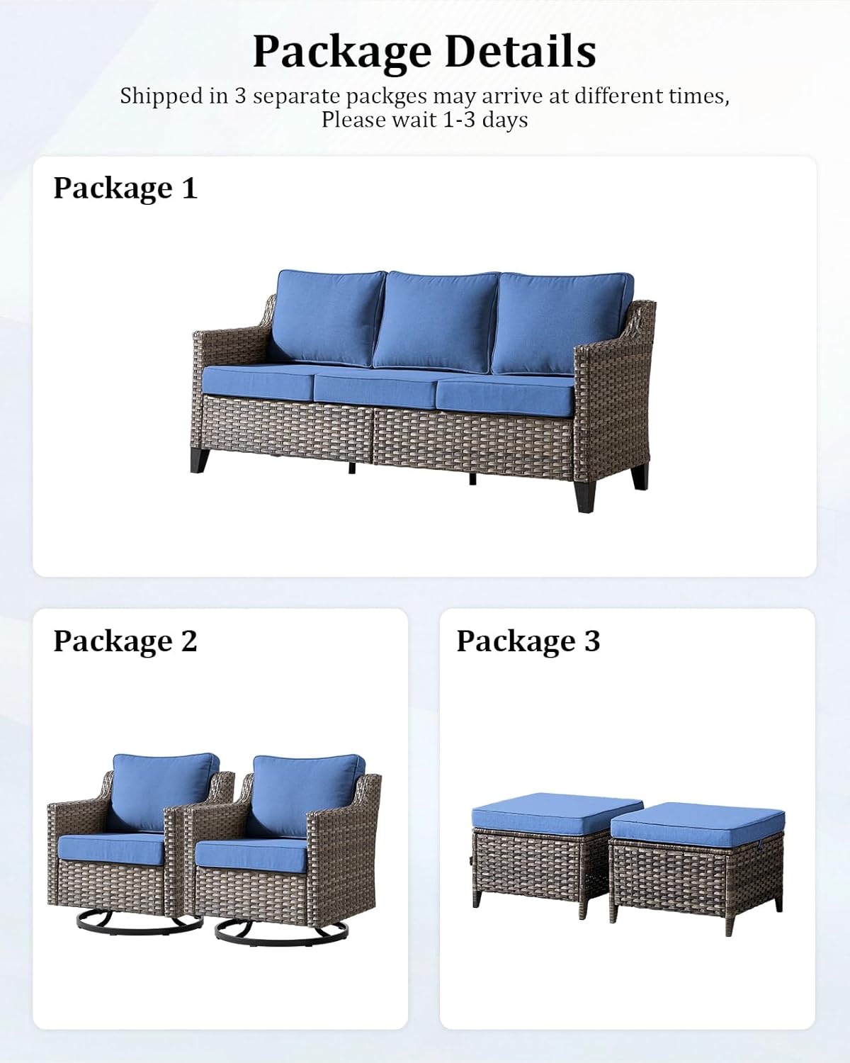 Outdoor Furniture Set of 5, Patio Chairs with Luxury 4" Cushion, Wicker Swivel Rocker Patio Chairs, and Side Table, High Back&Deep Seat for Garden Deck Porch Balcony Backyard - Blue