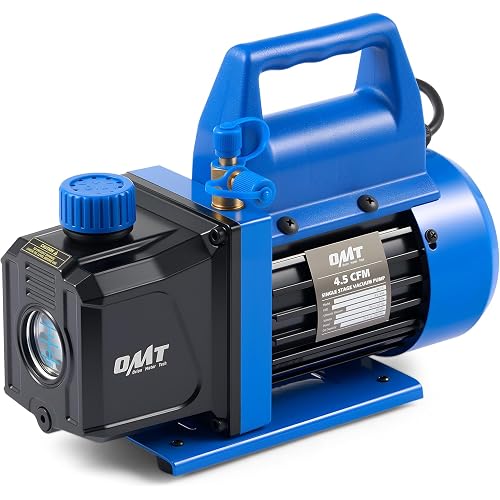 OMT 4.5 CFM Single Stage Vacuum Pump for R134a R410a R22 Auto AC HVAC Kit | Copper Motor; 37.5 Microns Ultimate Vacuum; Aluminum Alloy Casing; For Automotive HVAC and Resin Degassing; Oil Included