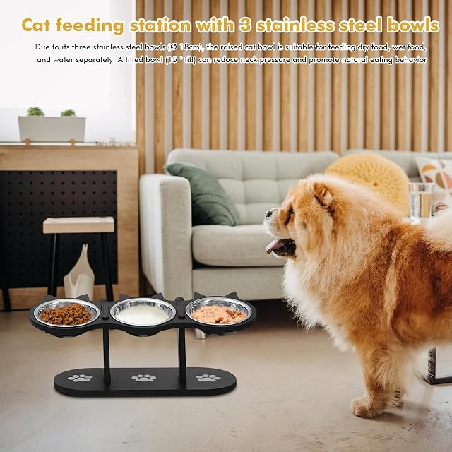 Foto 4 de 7 de WANDGU - Cuenco para gatos elevado: estación de comida para gatos con 3 cuencos de acero inoxidable y soporte…