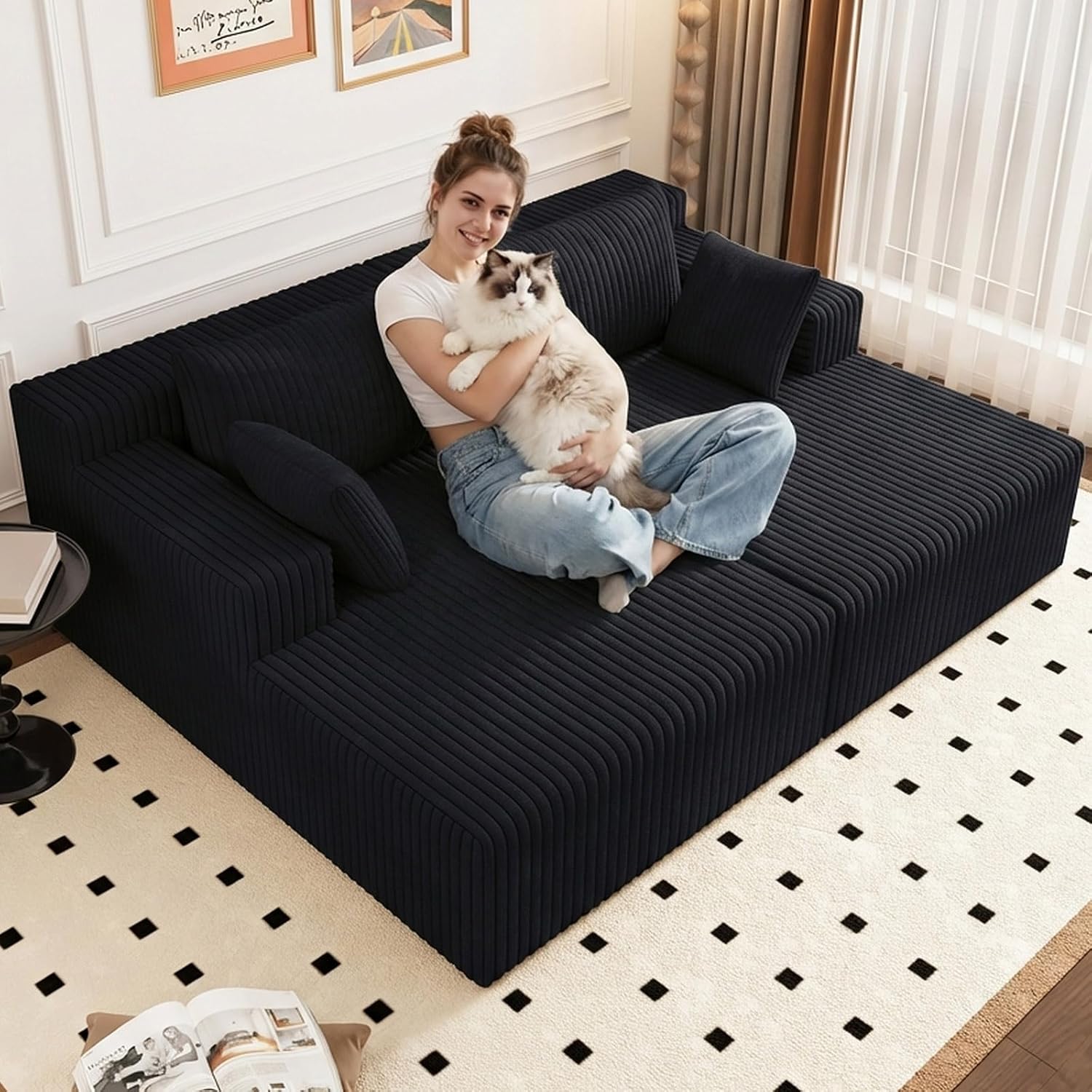 70.8" Oversized Double Chaise Lounge Indoor, Upholstered Deep Seat Cloud Couch Corduroy Lounge Chair, Modern Sofa Bed Loveseat Sleeper Chair for Living Room Bedroom Apartment,Black