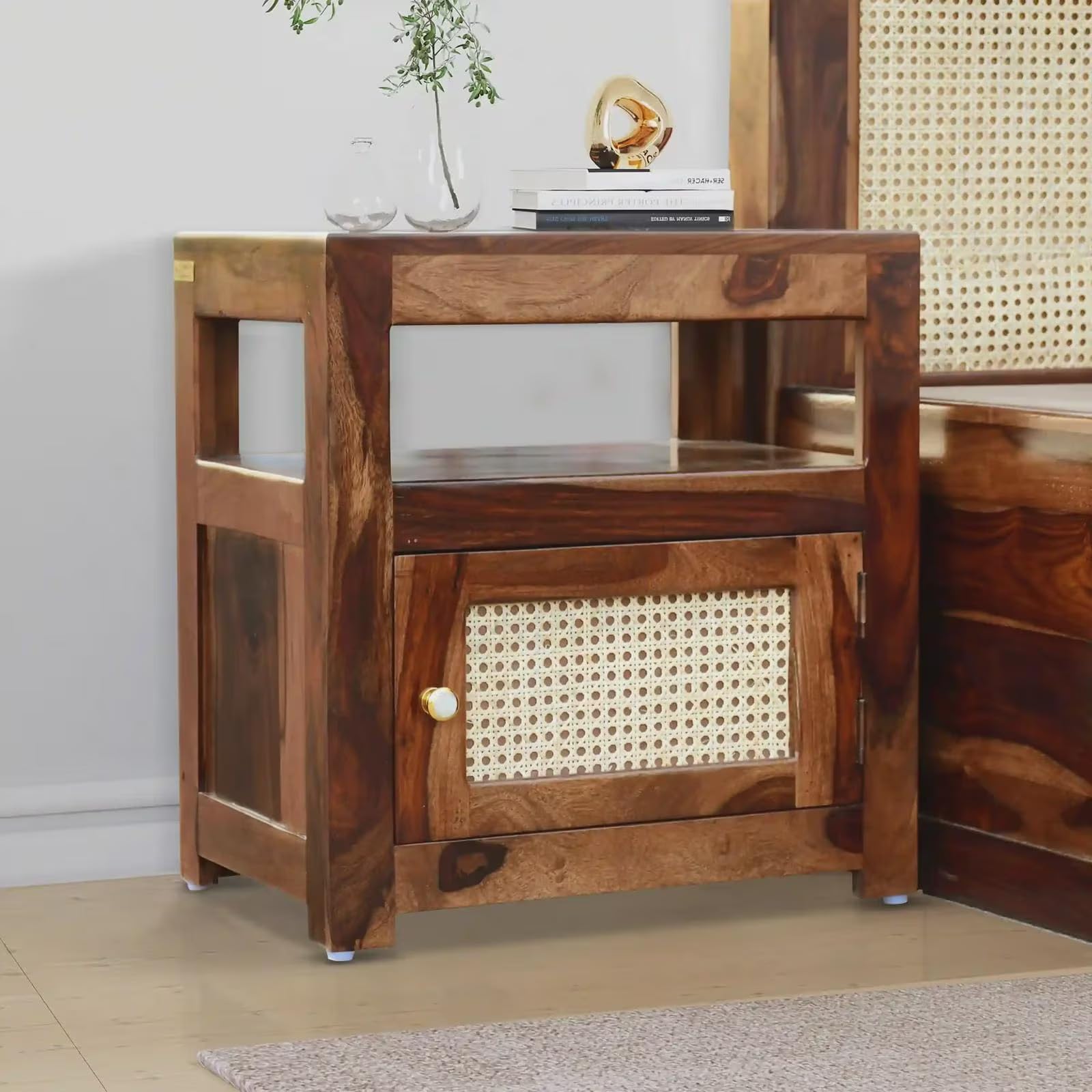 Solid Wood Side Cabinet with Cane Door | Wooden Storage Unit with Shelf | Modern Accent Furniture-image-10