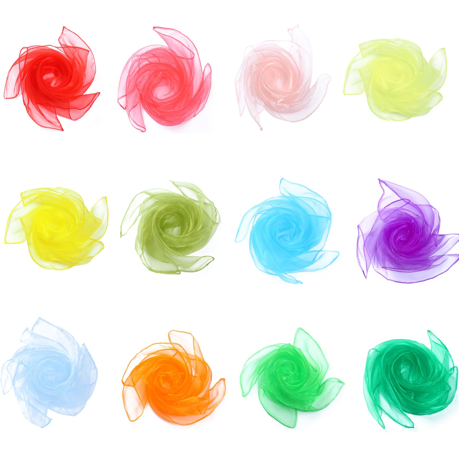 CCINEE 12Pcs Dance Scarves for Kids, Play Music and Movement Square Silk Tricks Scarves for Children at Juggling, Rhythm Band Activities(12 Colors)