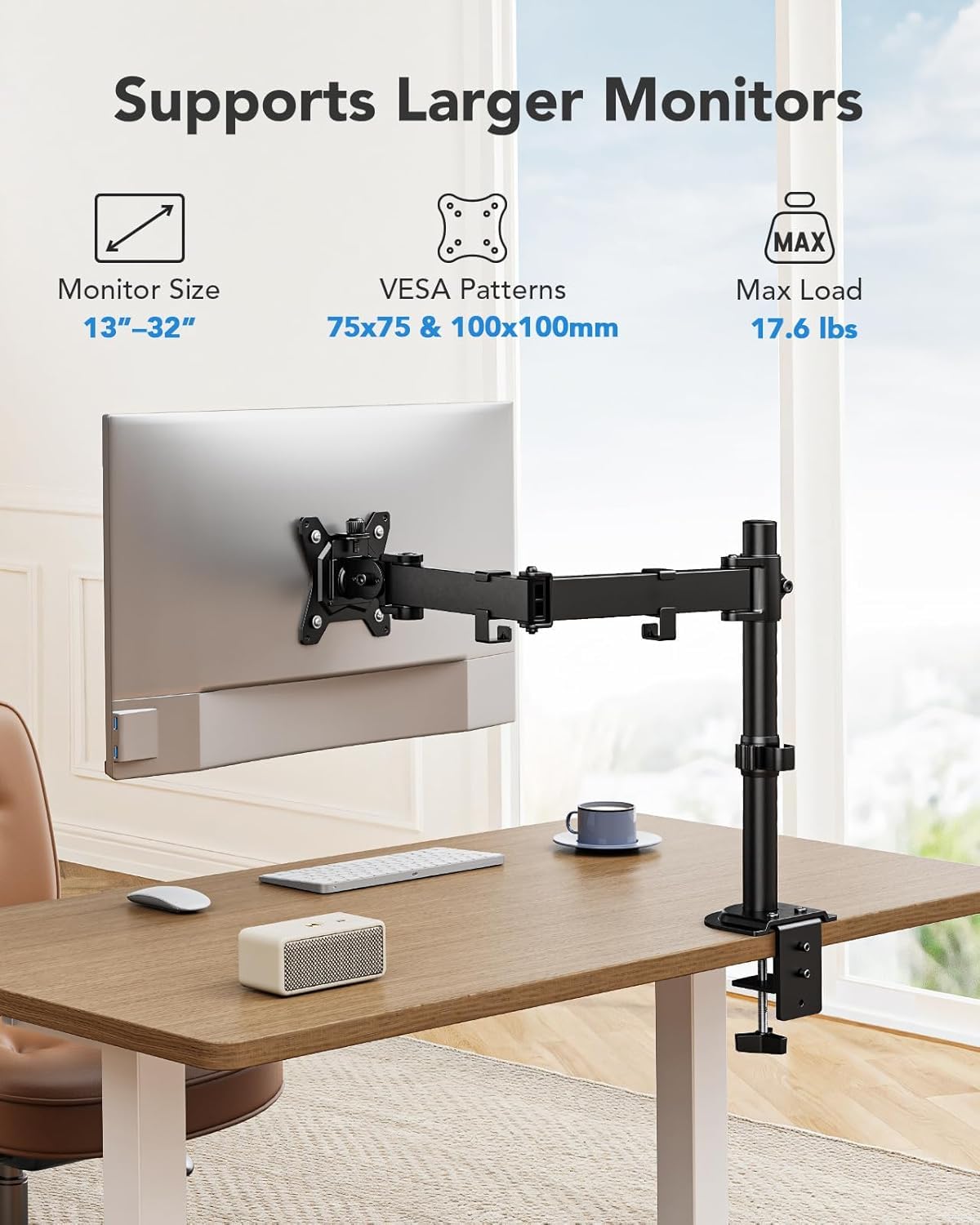 HUANUO Soporte de monitor individual, brazo de monitor para monitores de 13 a 32 pulgadas de hasta 17.6 libras, soporte de monitor ajustable con altura máxima de 16 pulgadas, soporte de escritorio con