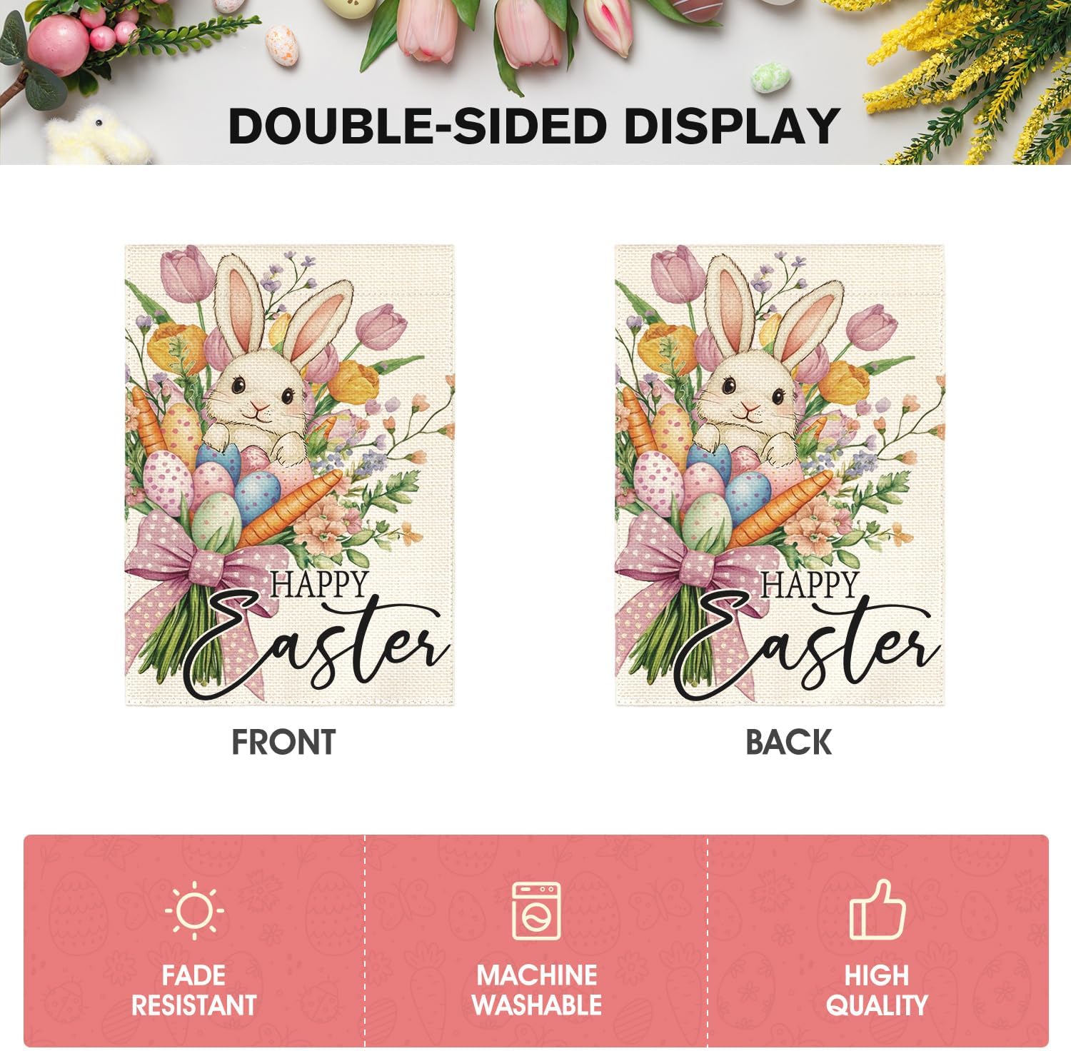 AVOIN colorlife Happy Easter Floral Garden Flag 12x18 Inch Double Sided Outside, Easter Eggs Bunny Flowers Yard Outdoor Flag - Image 6
