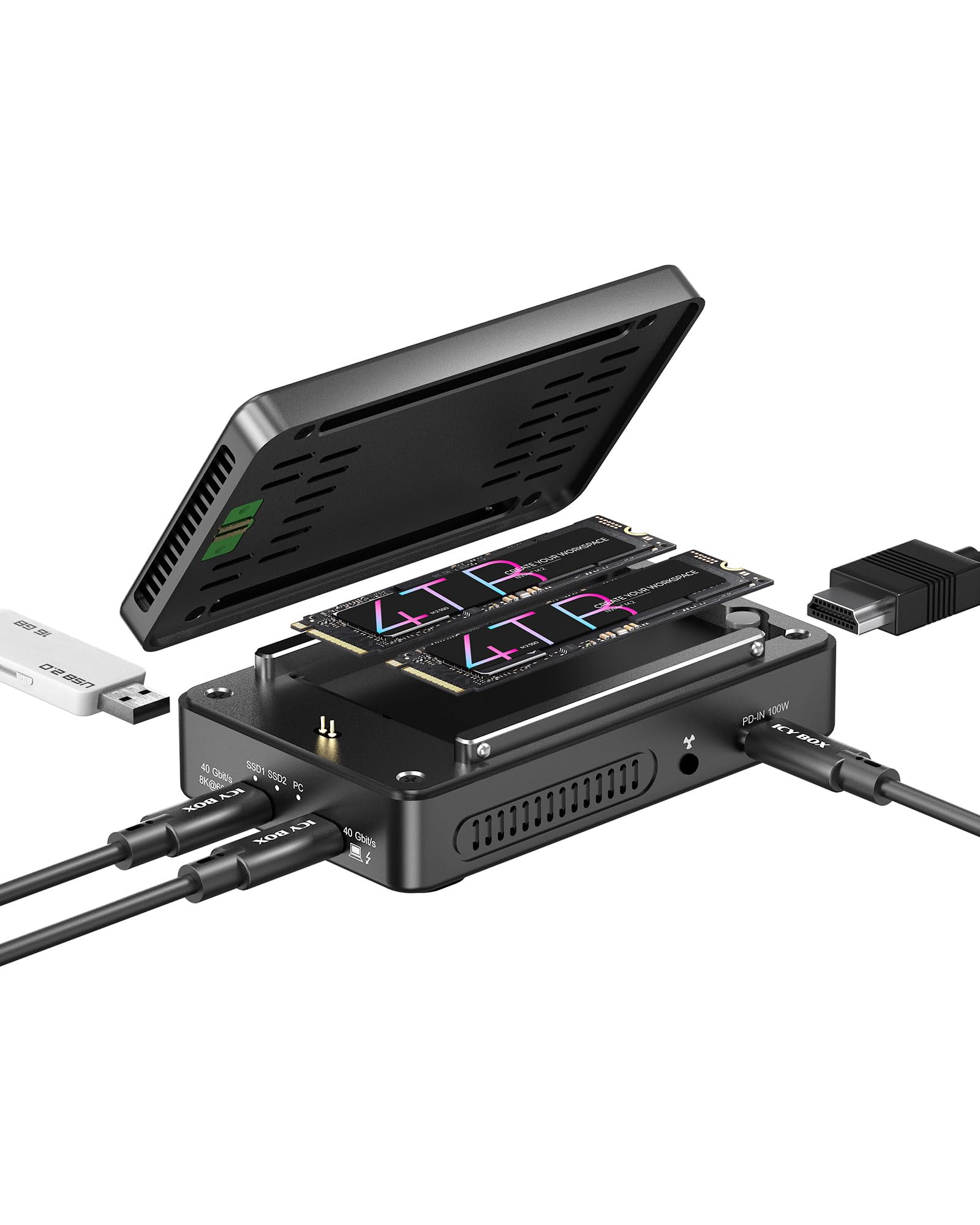 ICY Box Thunderbolt RAID Docking Station Dual M.2 NVMe SSD Gehäuse Thunderbolt 3 USB4 8K USB-C 4K HDMI USB-A aktiver Lüfter NVMe Dock