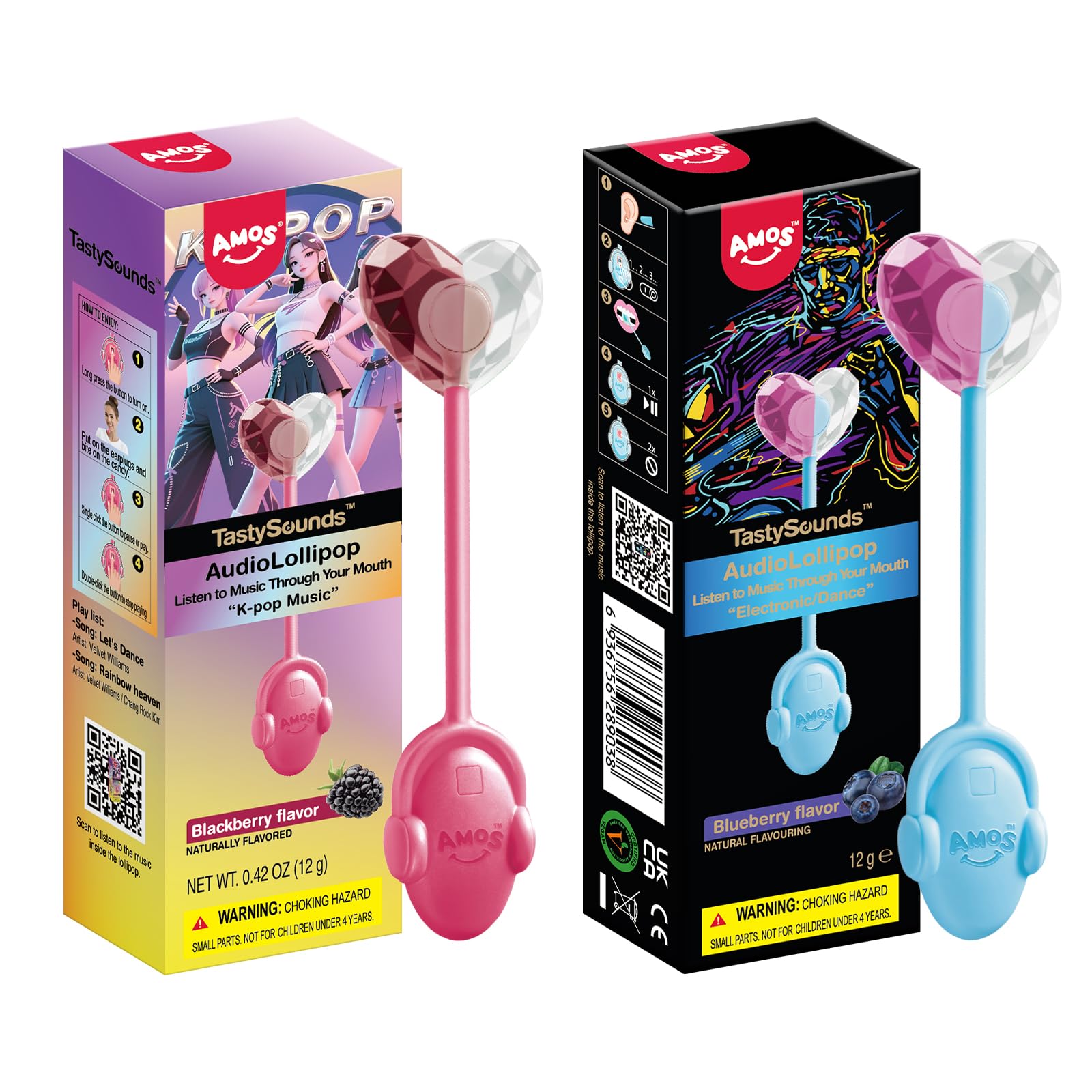 AMOS Audio Music 롤리팝 무설탕 팬시 유니크 싱잉 롤리팝 개별 포장, 선물, 파티, 리셉션, 선물 가방, 블랙베리 및 블루베리 맛 - 2팩