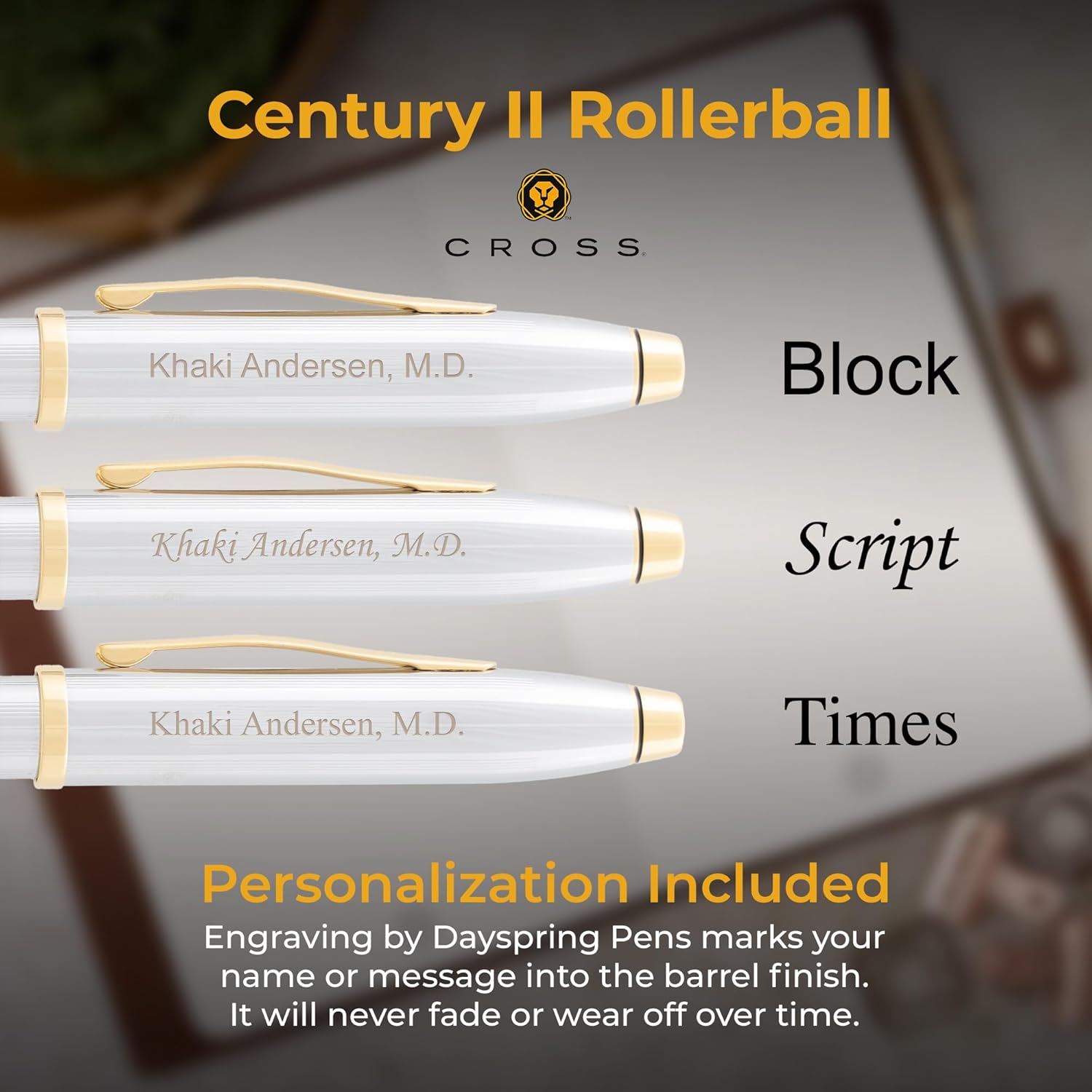 Cross Century II Medalist Rollerball Pen, Chrome and Gold Appointments, Custom Engraved — Graduation, Retirement, Promotion, or Holiday Gift