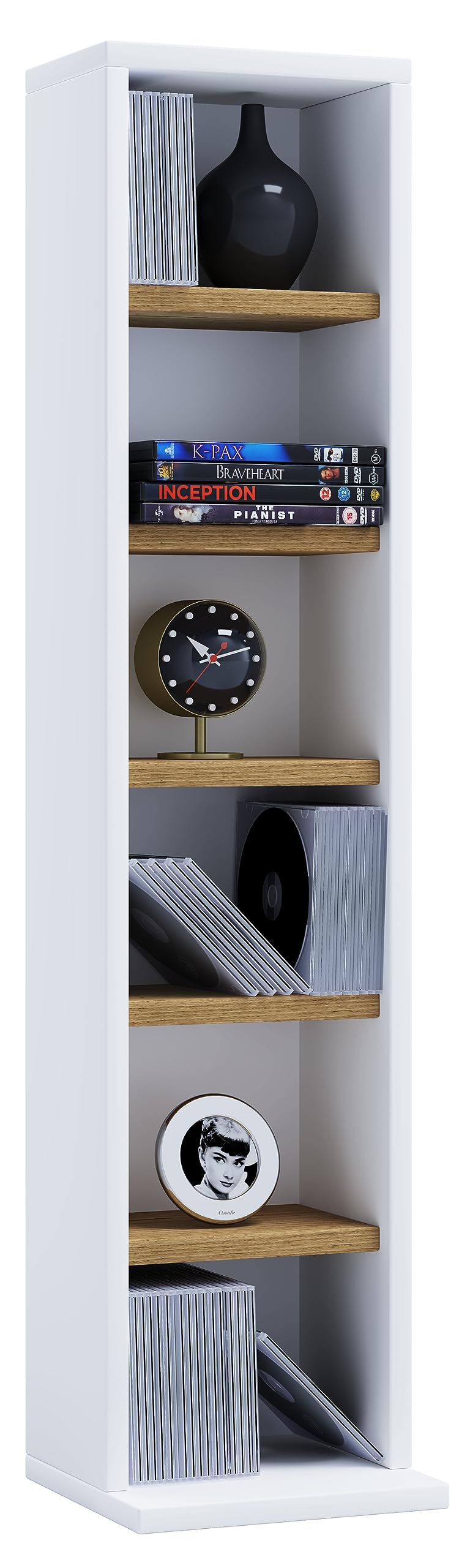 VCM Holzregal stehend | platzsparender CD Schrank für 102 CDs oder 36 DVDs | Maße: H. 92 x B. 21 x T. 20 cm | Elegantes DVD Regal stehend | Blu-Ray Regal | CD Regal - Elementa