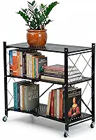 Estante de Aço Dobrável Reforçada Multiuso Estilo Industrial com Rodinhas Pintura Antiferrugem - para Decoração Apartamento Escritório Quarto Cozinha Sala Banheiro Livros (Preto, 3 Prateleiras)