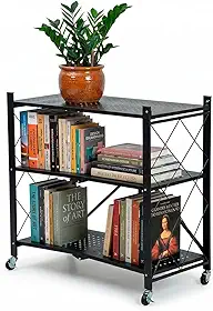 Estante de Aço Dobrável Reforçada Multiuso Estilo Industrial com Rodinhas Pintura Antiferrugem - para Decoração Apartamento Escritório Quarto Cozinha Sala Banheiro Livros (Preto, 3 Prateleiras)