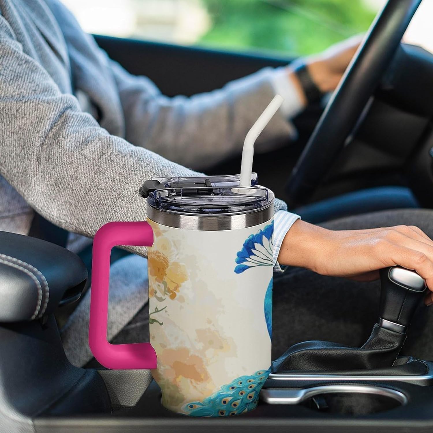 Cartoon Blue Peacock Tumbler 40 Oz with Handle&Lid Large Car Cup Stainless Steel Vacuum Travel Mug Insulated Water Bottle Leak-proof Portable Coffee Cup for Home Car Outdoor