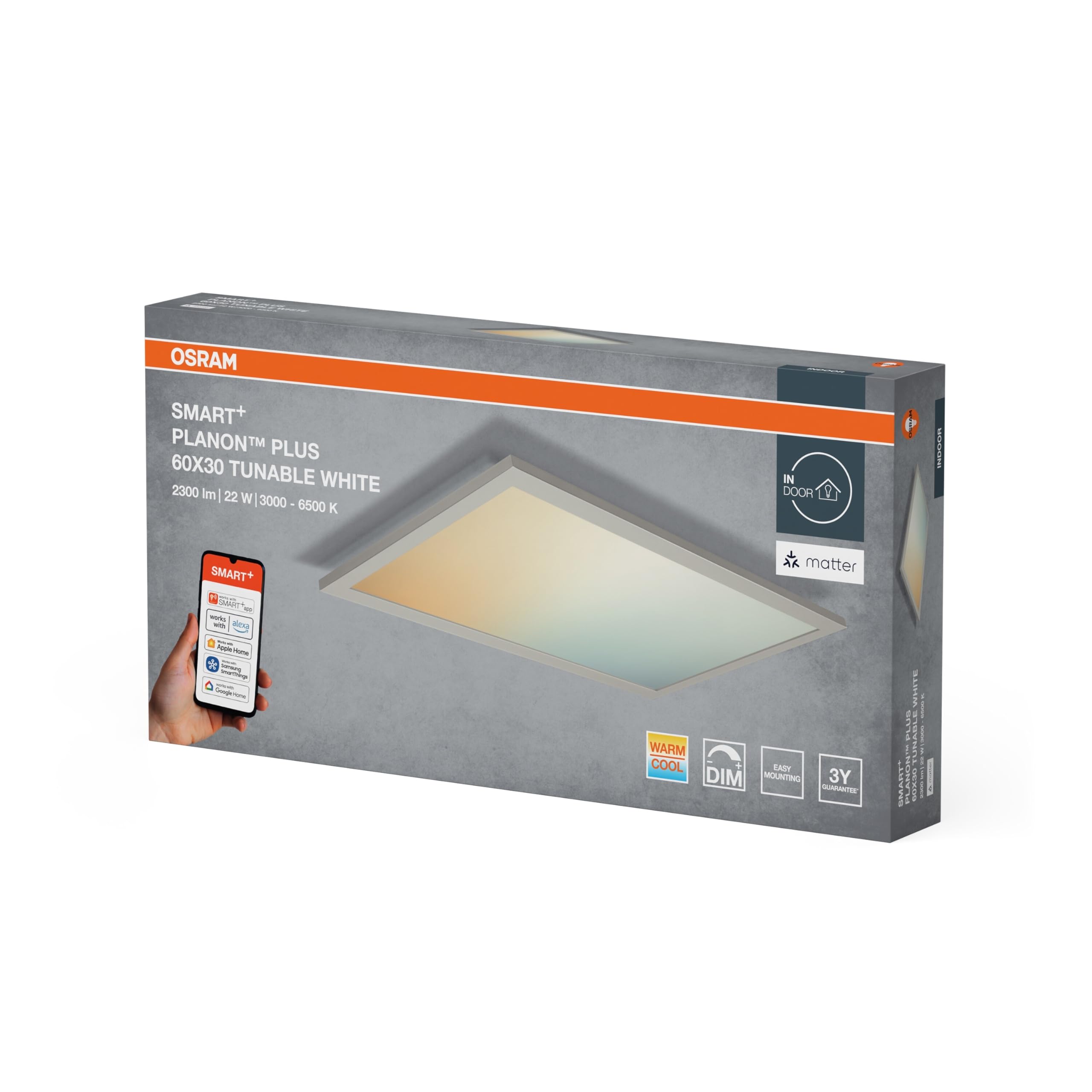 OSRAM SMART+ Matter PLANON PLUS PANEL LED ZMIENNA BIEL, 600x300mm, 22W, 1600lm, 3000-6500K, Matter WLAN | SMART+ MATTER Planon Plus Tunable White, oświetlenie ścienne do wnętrz, białe, 25000 h, opakowanie 1 szt