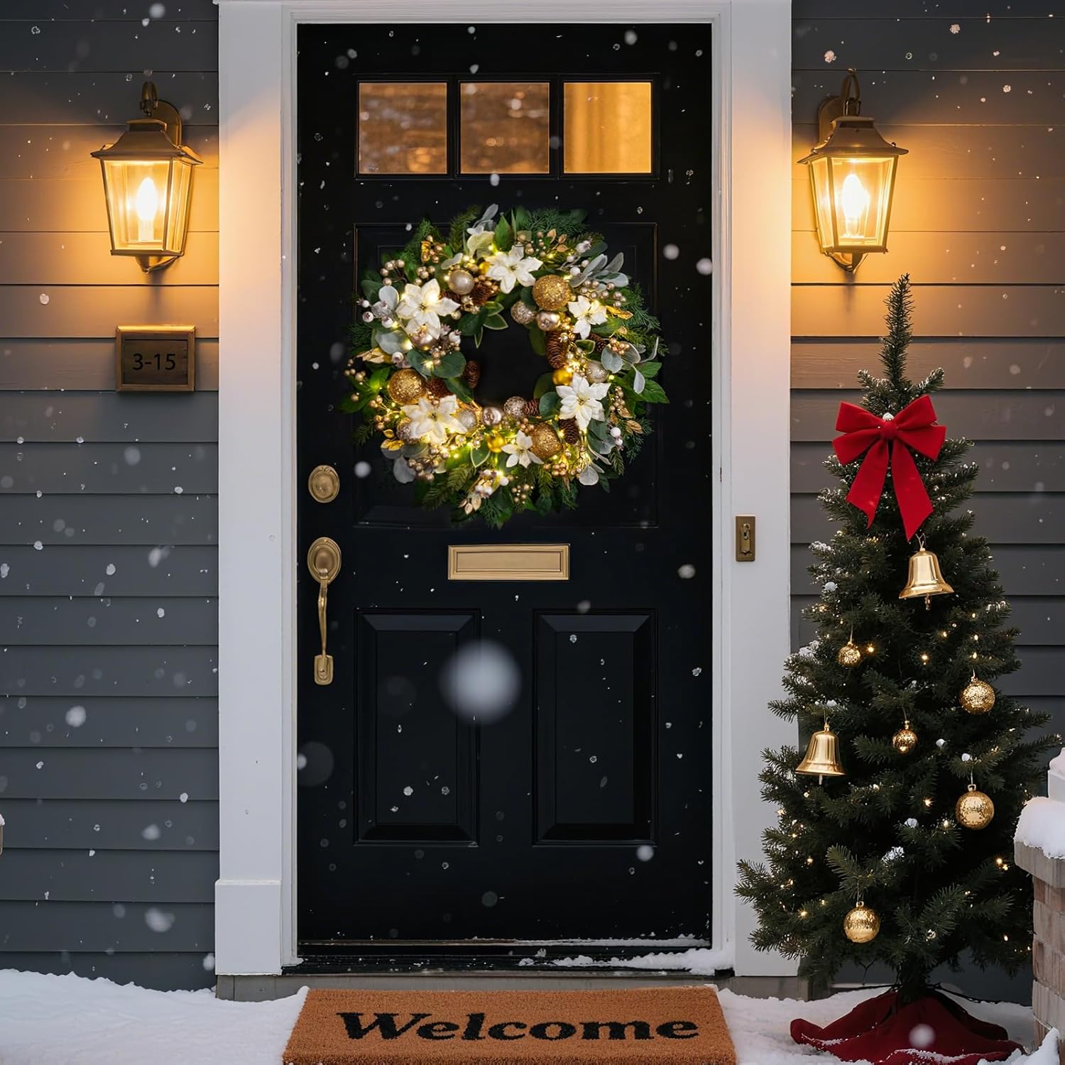 Christmas Wreaths for Front Door with Lights 24 Inch Prelit Christmas Wreath, Christmas Door Wreath with White Flowers, Gold Ornaments, Pine Cones, Greenery & Berries Indoor Outdoor - Image 5