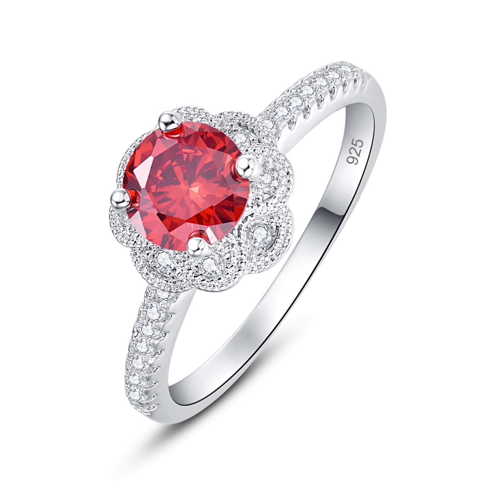 Emsione 925 Silver Plated Created Garnet Round Cut Halo Flower Thin Statement Eternity Promise Ring Engagement Wedding Bands for Women Size 8