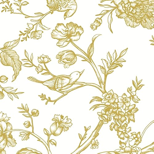 Safiyya Papel tapiz autoadhesivo extraíble de 118 x 17.3 pulgadas, papel de contacto dorado y blanco, diseño de pájaros florales, autoadhesivo,