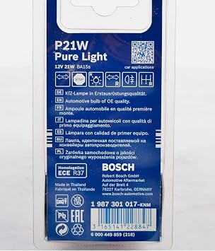 Bosch P21W Pure Light Fren stop Araç Ampulü, Orijinal Kalite, 2'li Paket