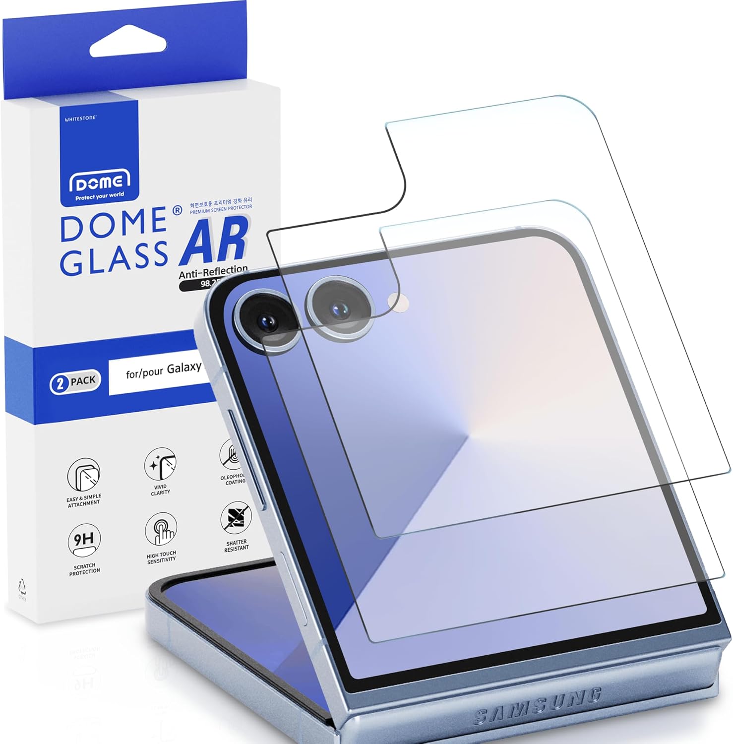 DOME GLASS Whitestone 2PACK EZ GLASS AR/AR Privacy for Samsung Galaxy Z Series 7 [Super Anti-Reflection & Anti-Spy], Full Coverage [Easy Install] Private Tempered Glass Screen Protector [2pack] (Z Flip 7 AR (Clear))