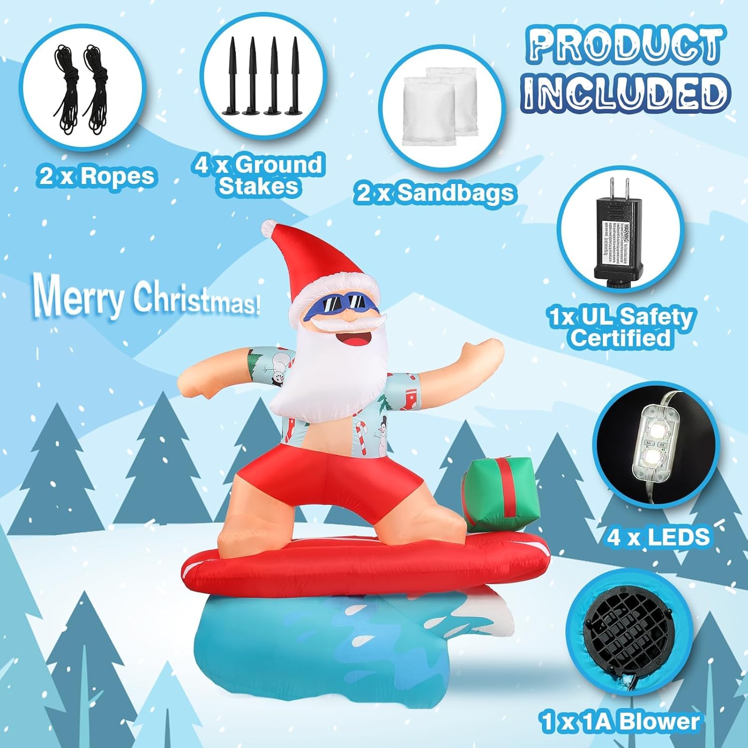 Gardentime 6.5FT Christmas Santa Claus Inflatables Outdoor Decoration Surfing Santa Fun Hawaii Giant Xmas Blowups with Built-in LED Lights for Holiday Indoor Yard Lawn Garden Outside Home Décor