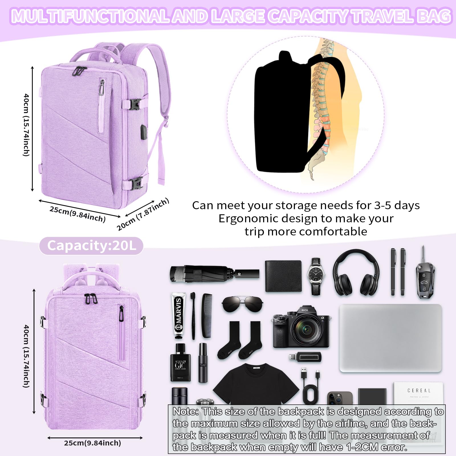VOESLD Zaino per Ryanair 40x20x25, da Viaggio Aereo Bagaglio a Mano Viola per PC Donna Impermeabile, con Porta USB 20L