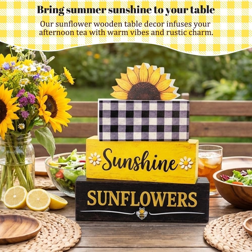 4 PCS Sunflower Decorations- Summer Bee Tiered Tray Decor ，Sunflowers Home Wooden Sign Set, Summer Table Centerpiece Decor for Coffee Table, Fireplace Mantel, Shelf Decor