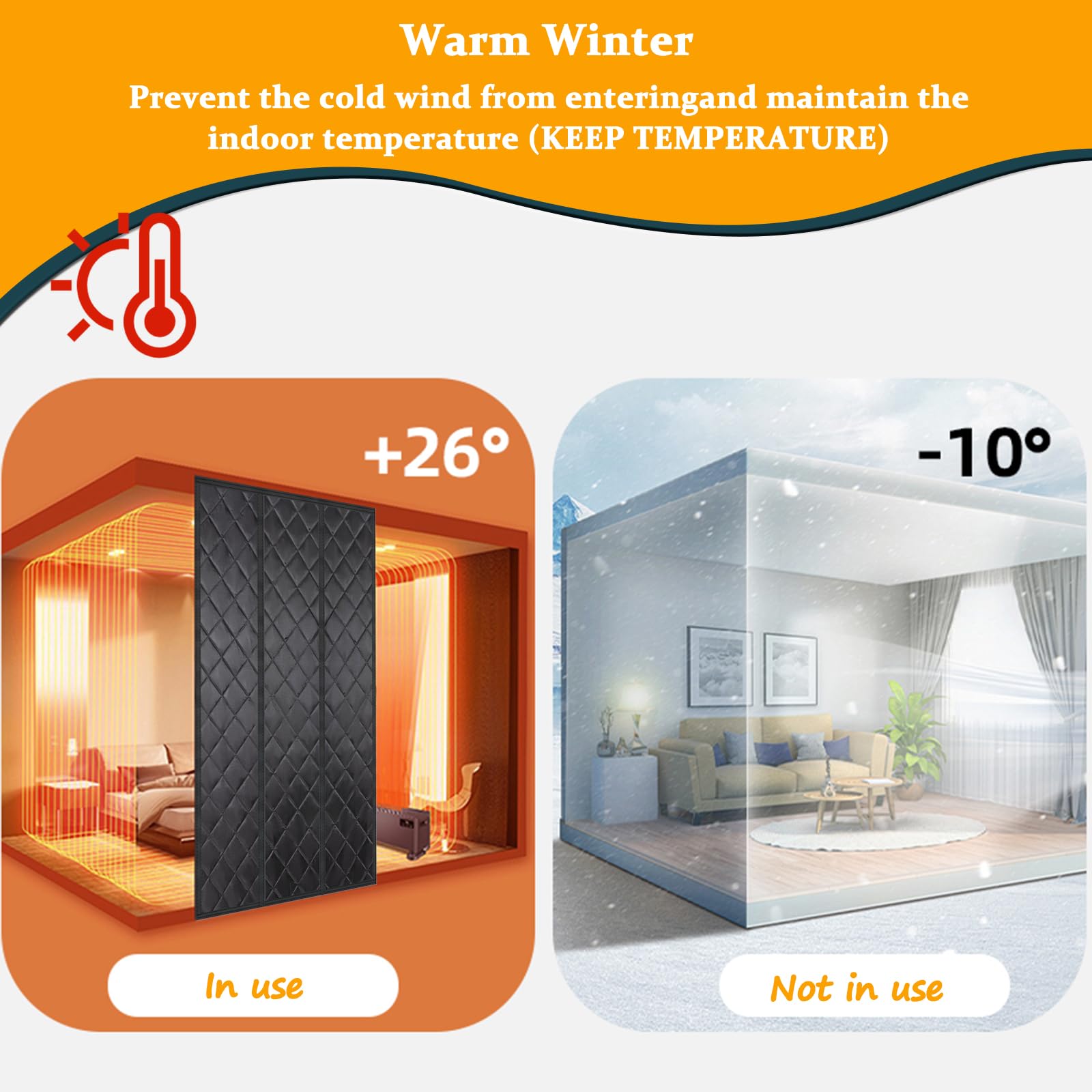 Tenda termica isolante per porta, 190 x 280 cm, con copertura magnetica, antivento e impermeabile, per porta d'ingresso, camera da letto e cucina, soluzione a risparmio energetico nera