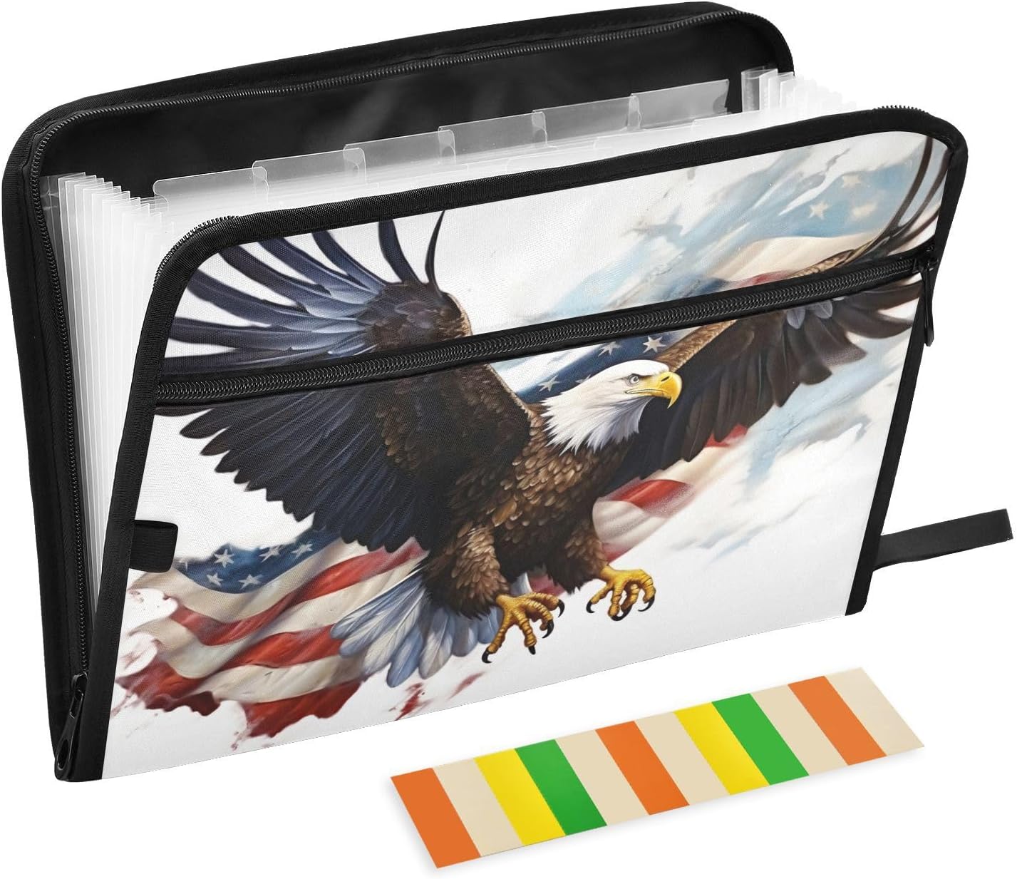 Eagle American Flag Expanding File Folder with Sticky Labels 13 Pocket, Accordion File Folder, Letter A4 Paper Document Organizer Expanding Zip File Folder with Zipper Closure