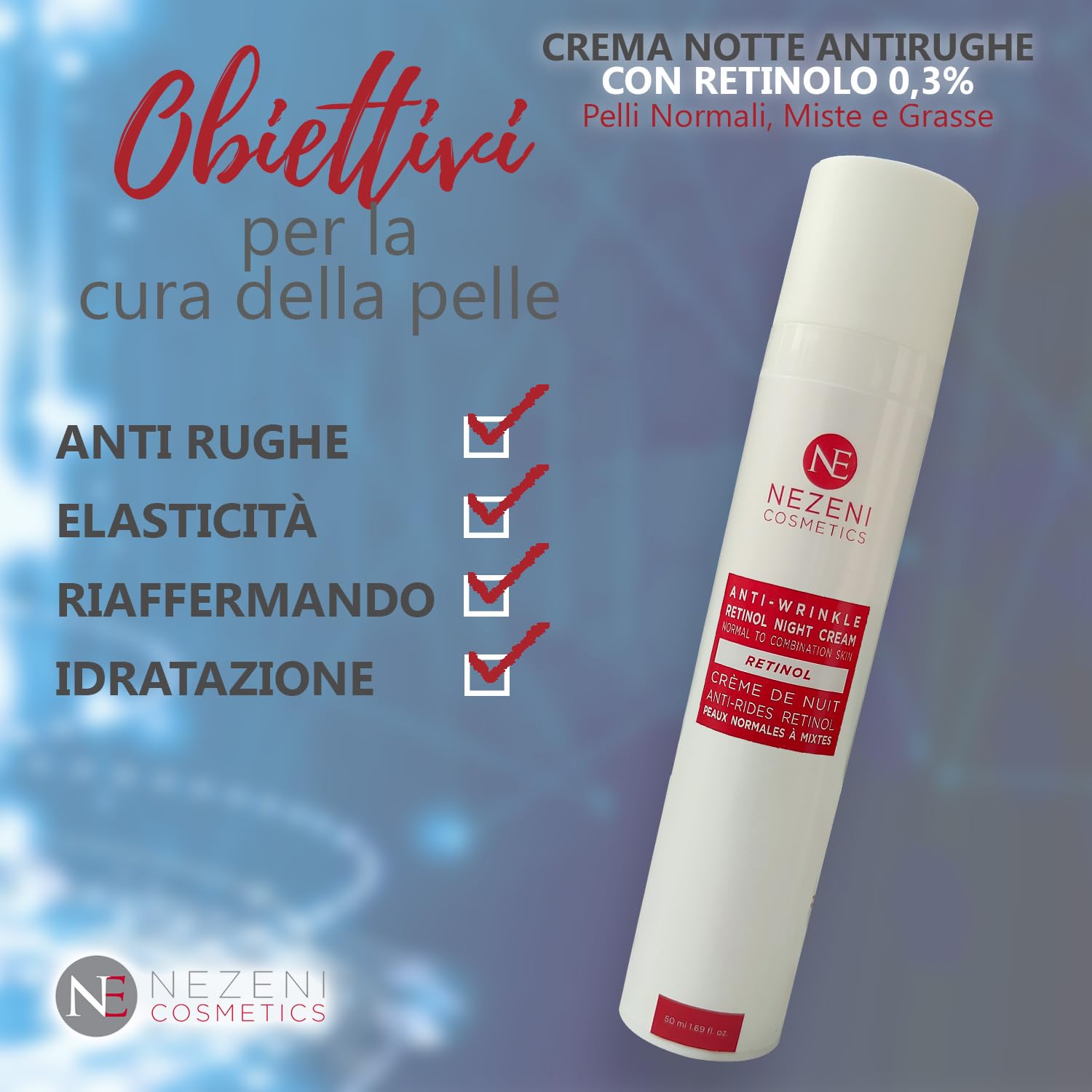 Nezeni Crema Notte 0,3% RETINOLO PURO Antirughe Donna/Uomo 27 Ativi | Riempitivo per Rughe Profonde con Acido Ialuronico | Crema Rassodante Viso, Collo e Décolleté | Pelle Normale, Grassa e Mista