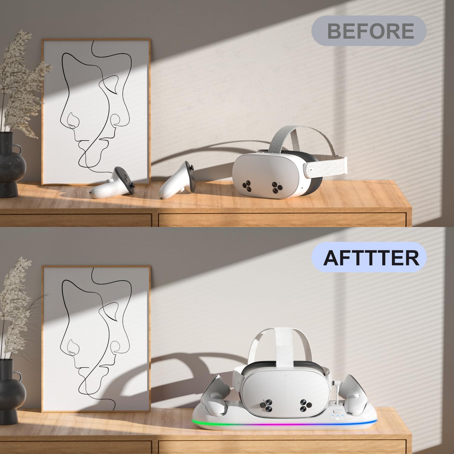 GearSpire Charging Dock Station for Quest 2/3/3S, White RGB LED Stand with USB-C Fast Charging, Controller Charger, VR Headset Accessories