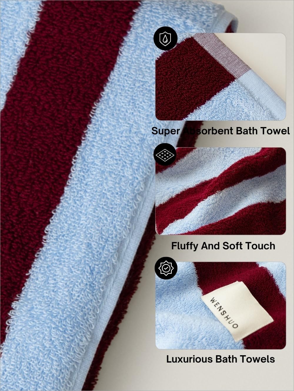 WENSHUO Bordeaux Red Vineyards-Pure Cotton Wide Striped Bath Towel,100% Combed Cotton,Luxury Shower Towel,Super Absorbent(Pack of 1) (55.12" L × 27.56" W) - Image 3