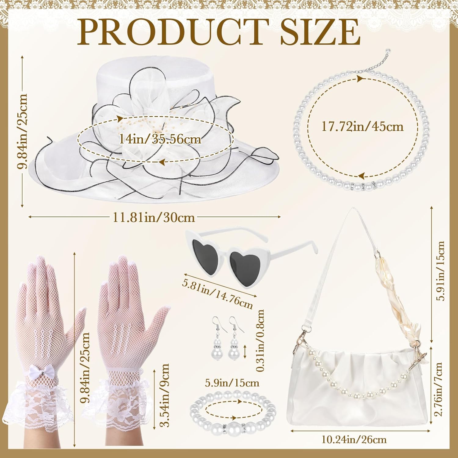 5 Pcs Derby Fascinators Hat Set for Women, 1920s Vintage Tea Party Hats Lace Gloves Pearl Jewelry Glasses Cloud Bag