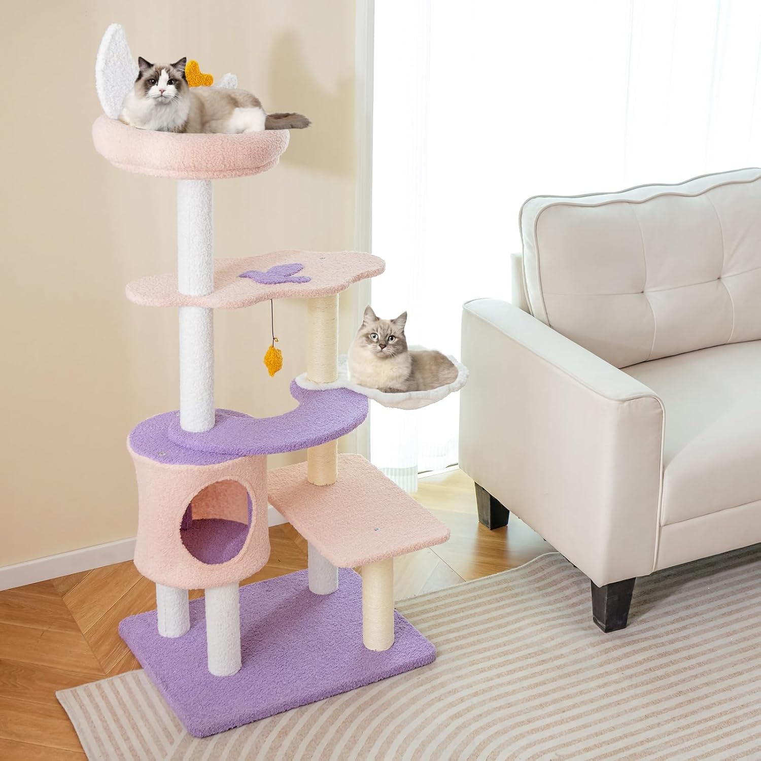 review Tangkula Cat Tree Tower, 55 Inch Multi-level Cat Tower with Cat Condo, Sisal Scratching Posts, Moon Star Plush Perch, Hammock, Cloud Platforms, Dangling Toys, Cute Purple Pink Cat Tree for Indoor Cats