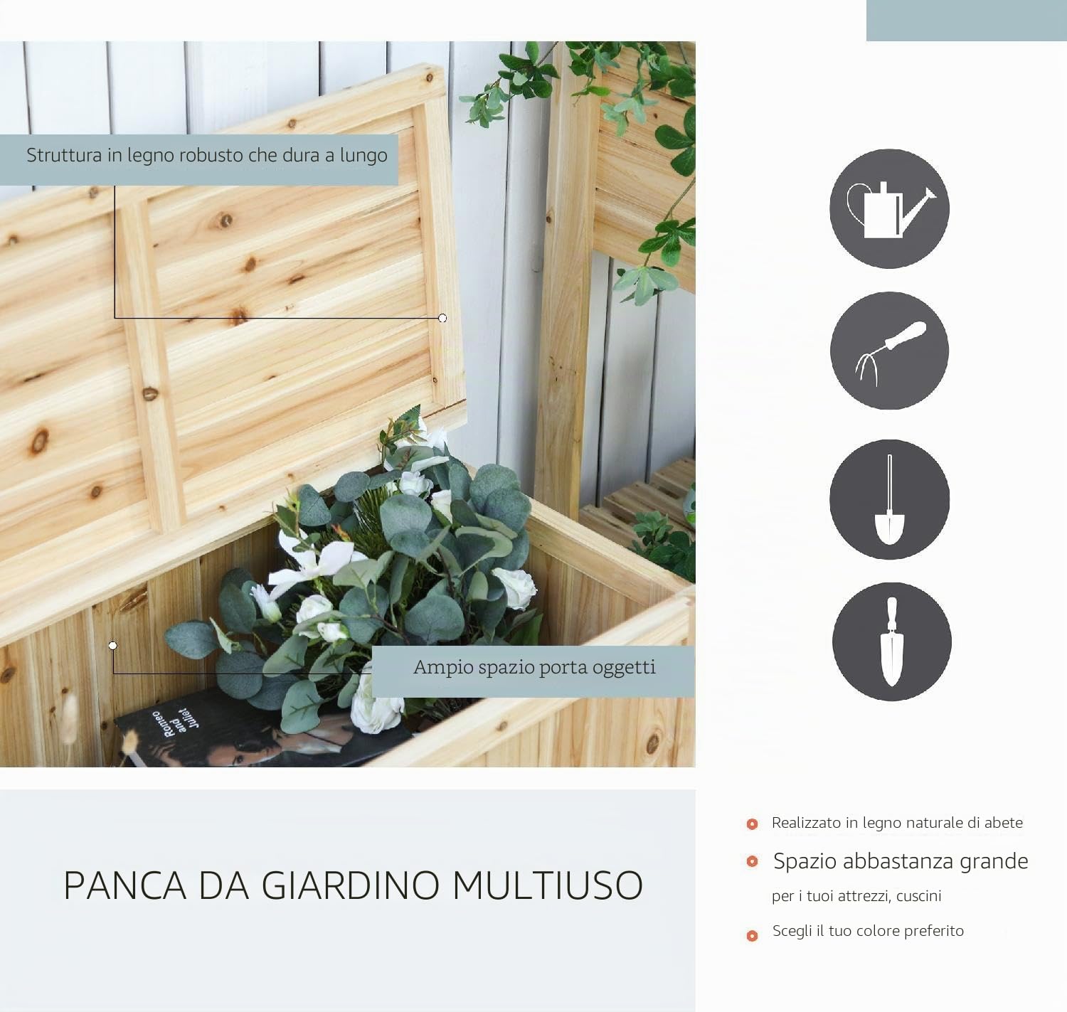 Panchina da esterno giardino, con Vano Contenitore, 115x45x75cm, in legno