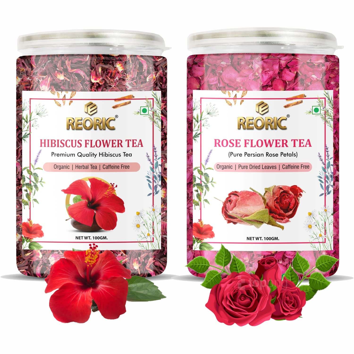 REORIC Organic Herbal Tea Combo Pack - Hibiscus Flower Tea(100g) + Rose Flower Tea(100g) | Caffeine Free| Premium Tea| Hibiscus Tea Leaves | Iced Tea| Improve Digestion| Rose Tea (B0BD1QWB4Z) Amazon Price History, Amazon Price Tracker