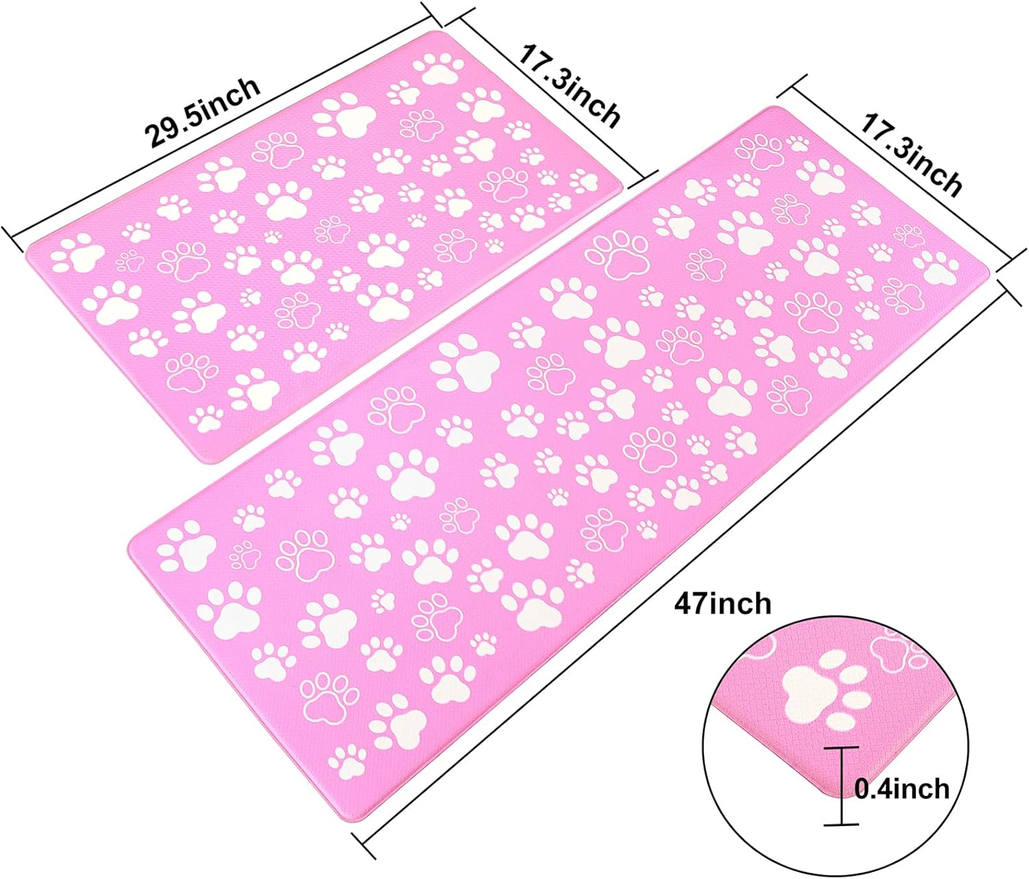 Pink Kitchen Mats Cushioned Anti Fatigue Paws Print Kitchen Mats for Floor 2 Piece Waterproof Comfort Standing Mat for Desk, Sink, Stove, Laundry, 17"x30"+17"x47"