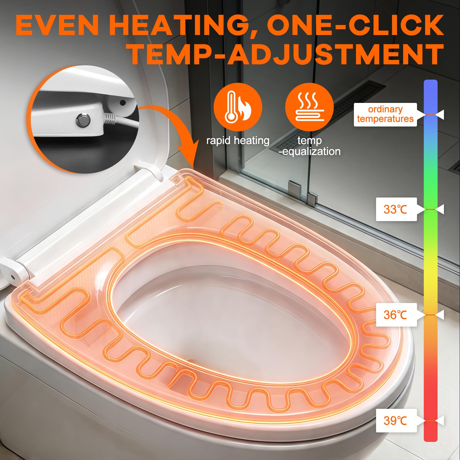 Sedile per WC intelligente, per doccia elettrica, per WC con abbassamento automatico, per WC con sedile riscaldato, 3 impostazioni di temperatura, coperchio intelligente con luce notturna,