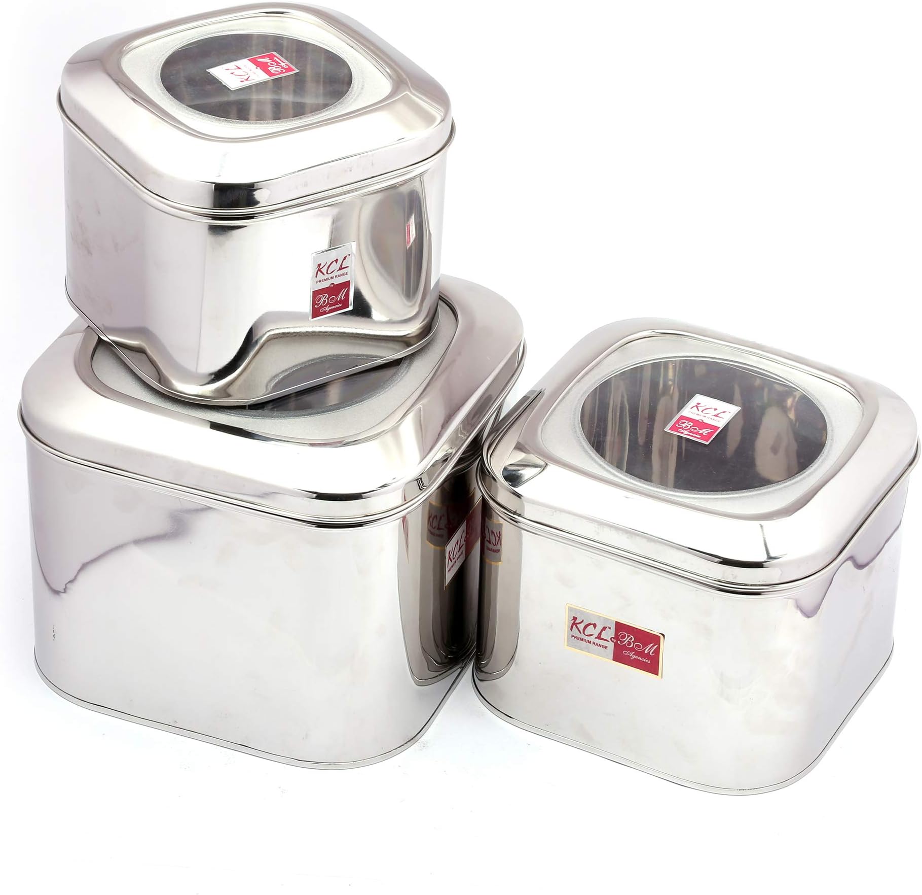 KCL Stainless Steel Cotainers with Glass Lid | Canisters | Dhabba | Storage Containers for Kitchen | Set of 3 | Steel Dibba Box | Tea, Coffe and Sugar Container
