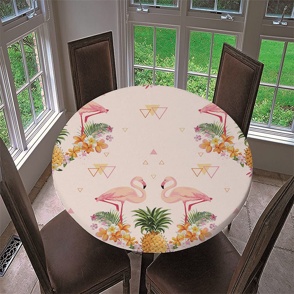 Chickwin Round Fitted Tablecloth Elastic Edged, 3D Summer Tropical Flamingo Pattern Tablecloth Waterproof Wipe Clean Table Cover for Cafe Kitchen Outdoor Family Gathering (Pineapple,100cm)