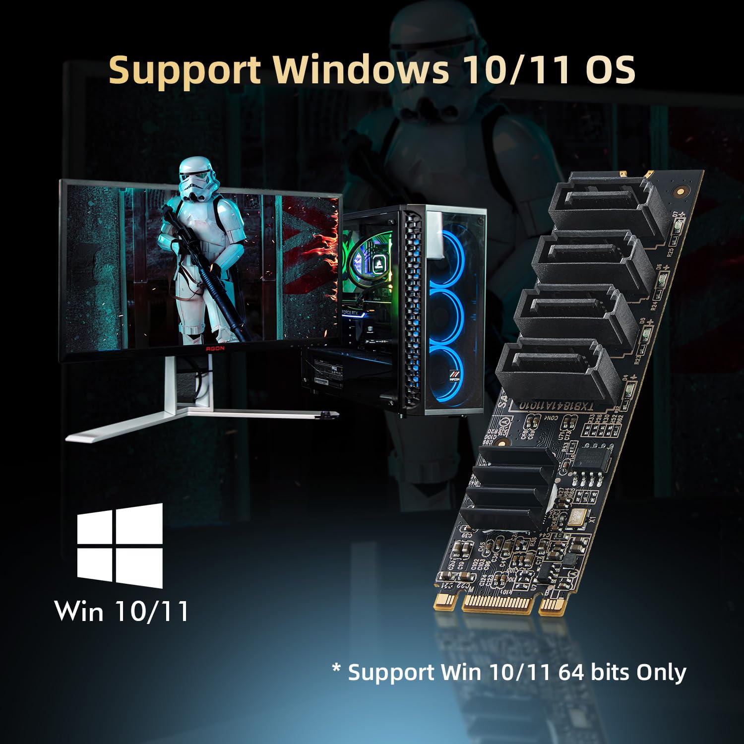 Binardat M.2 a scheda SATA a 4 porte, controller SATA 3.0 da 6 Gbps, include 4 cavi, per Windows 10/11