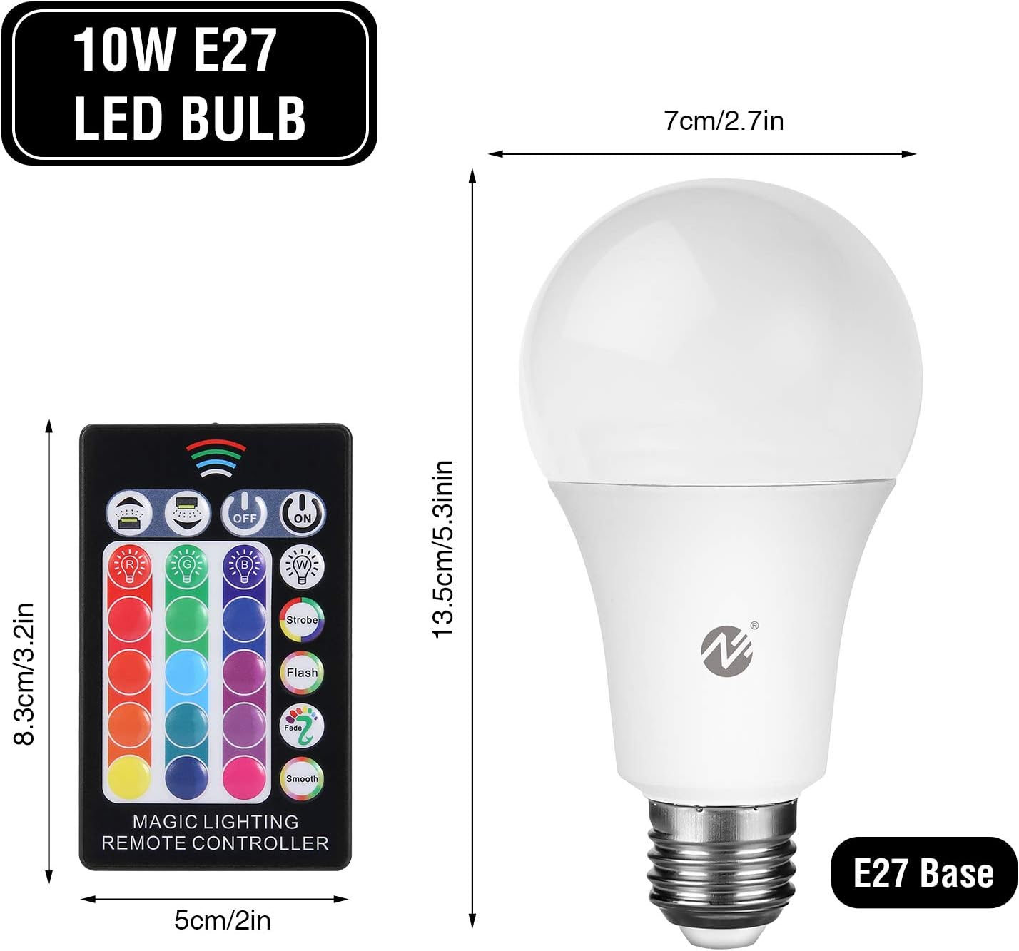 RGB LED Bulbs Color Changing Light Bulbs Dimmable 10W E26 Base with Daylight White and Remote Controller A19 Flood Light Bulb 100 Watt Equivalent (2 Pack)