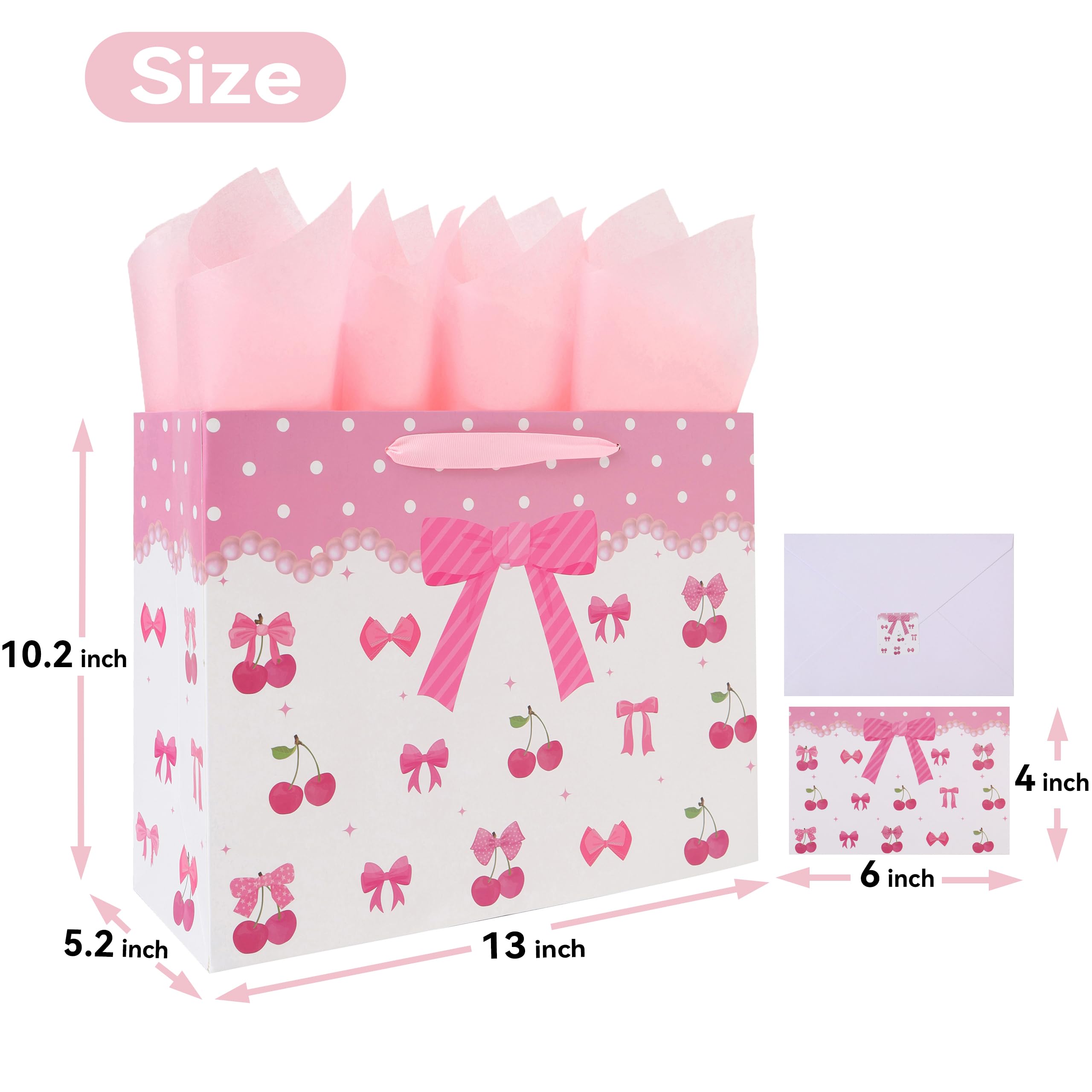 13'' Large Red Bow Gift Bag Set with Handles, Greeting Card, Pink Tissue Papers and Stickers for Women Girls for Birthday, Wedding, Bridal Shower, Baby Shower, Red Bow Design, 1 Pcs